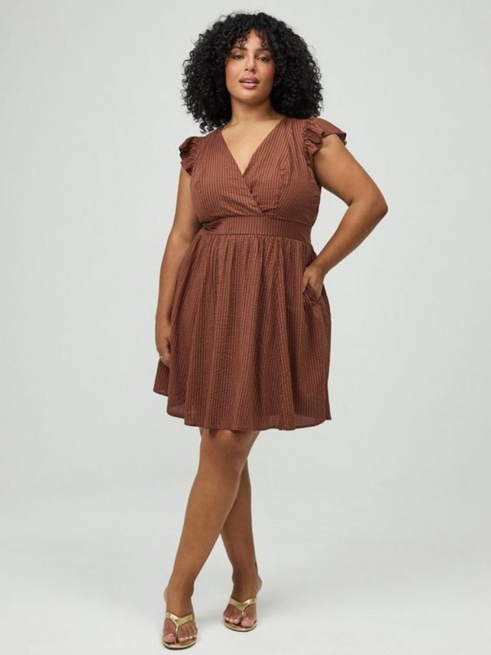 Torrid Cappuccino V-Neck Fit & Flare Mini Dress with Flutter Sleeves